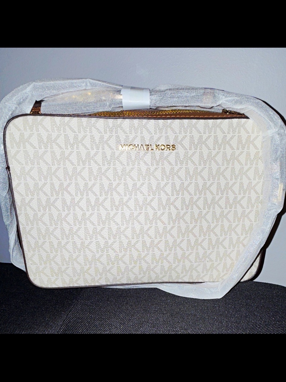 Michael Kors Beige Cream Logo Crossbody Messenger Bag with Gold Hardware